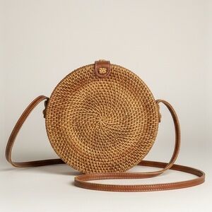 NWT Handwoven Round Rattan Crossbody Bag Bali Boho Beach Festival Leather Strap